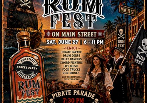 A vibrant RUM FEST poster featuring pirate-themed events, street party, parade, live music, food trucks, and tropical imagery on Main Street.