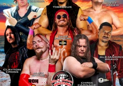 Image shows a wrestling poster with muscular men in colorful gear posing. Top it at 140 characters, always ending the sentence.