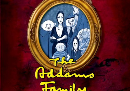 A vintage-style family portrait in a gold frame on a red background, with &ldquo;The Addams Family&rdquo; text.