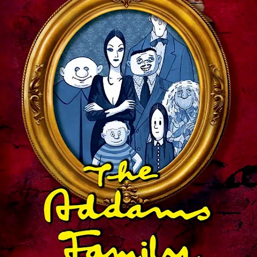 A vintage-style family portrait in a gold frame on a red background, with &ldquo;The Addams Family&rdquo; text.