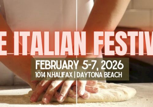 A person rolling dough on a floured surface to prepare pizza, with bold event text overlaid for a festival.