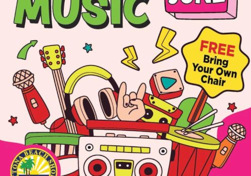 A colorful collage of music gear and retro items, including headphones, microphone, boombox, guitar, cassette, and a &ldquo;FREE&rdquo; chair promo.