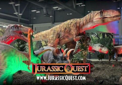 A &ldquo;Jurassic Quest&rdquo; exhibit shows lifelike dinosaur animatronics&mdash;large beasts like a T-rex and a triceratops in an indoor display.