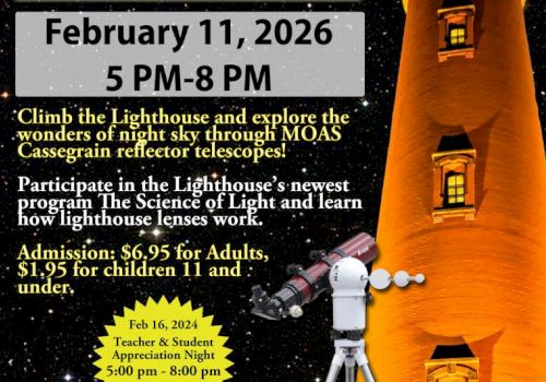 Event flyer for Feb 11, 2026 (5&ndash;8 PM) about telescope night at a lighthouse; includes admission details, telescope images, and a starry background, ending with a period.