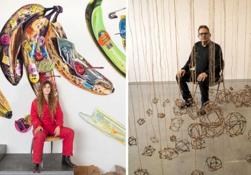 A collage shows two art installations: left features colorful flip-flops arranged as giant shoes with a girl in a red outfit sitting nearby, right shows a man playing among hanging tangled rope sculptures.