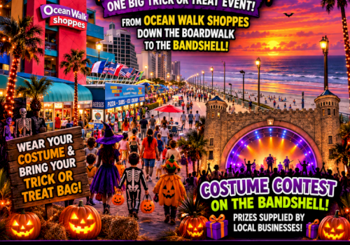 A colorful Halloween boardwalk ad: wear a costume for trick-or-treat, join a costume contest at the bandshell with local prizes.