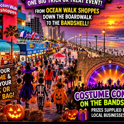A colorful Halloween boardwalk ad: wear a costume for trick-or-treat, join a costume contest at the bandshell with local prizes.