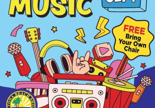 A colorful music poster shows headphones and a boombox surrounded by instruments, stars, and a sign: &ldquo;FREE Bring Your Own Chair&rdquo;.