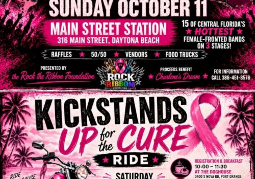 A motorcycle charity event poster: &ldquo;Kickstands Up for the Cure&rdquo; Ride on Saturday Oct 11 at Main Street Station Daytona Beach, with registration details.