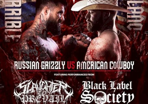 Two muscular men facing off in a gritty poster with blood splatter, featuring logos &ldquo;Russian Grizzly vs American Cowboy&rdquo; and bands like Black Label Society.