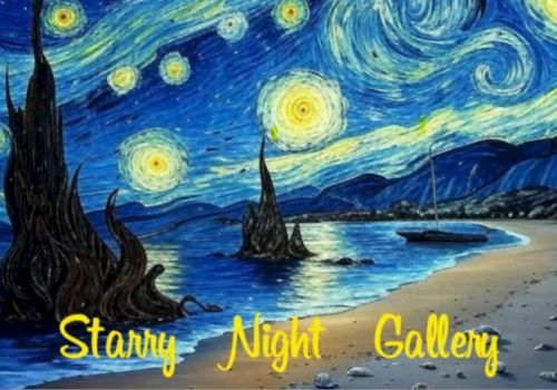 A painting-like beach scene with swirling starry night sky, glowing stars, and stylized waves; foreground has dark, jagged rocks and sandy shore, with text &ldquo;Starry Night Gallery&rdquo; in yellow.