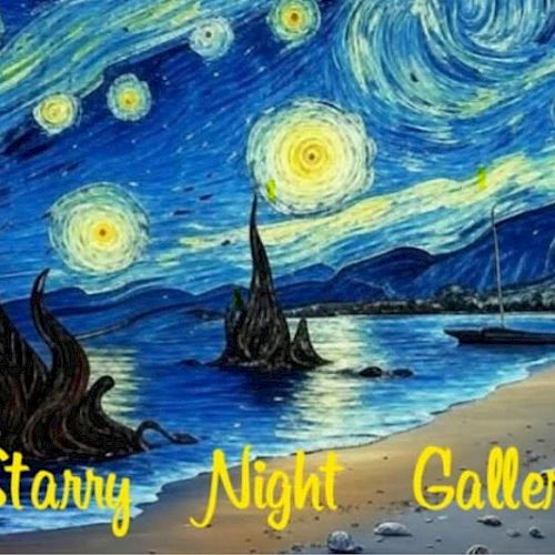 A painting-like beach scene with swirling starry night sky, glowing stars, and stylized waves; foreground has dark, jagged rocks and sandy shore, with text &ldquo;Starry Night Gallery&rdquo; in yellow.