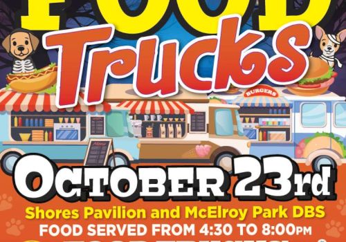 Colorful food-truck poster for &ldquo;Trucks&rdquo; October 23rd at Shores Pavilion & McElroy Park&mdash;food served 4:30&ndash;8:00pm.
