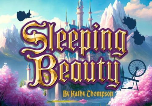 A poster for a fairy-tale story titled "Sleeping Beauty" by Kathy Chompson, set against a whimsical castle backdrop with mountains and pink trees.