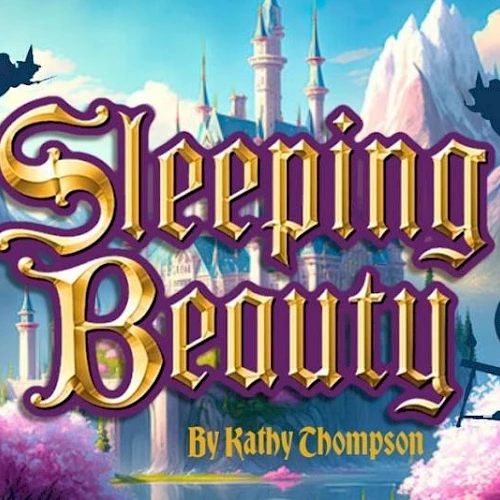 A poster for a fairy-tale story titled "Sleeping Beauty" by Kathy Chompson, set against a whimsical castle backdrop with mountains and pink trees.