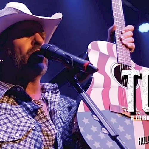 A country singer in a cowboy hat sings into a mic while playing an electric guitar on a patriotic backdrop, with &ldquo;TOB Y&rdquo; text.
