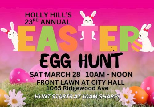 Bright pink banner for Holly Hills Easter Egg Hunt event with colorful letters, bunny illustrations, eggs, daisies; details include date, time, and location.