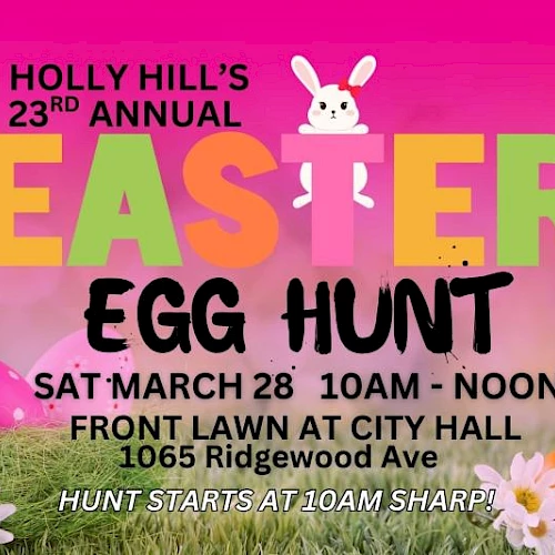 Bright pink banner for Holly Hills Easter Egg Hunt event with colorful letters, bunny illustrations, eggs, daisies; details include date, time, and location.