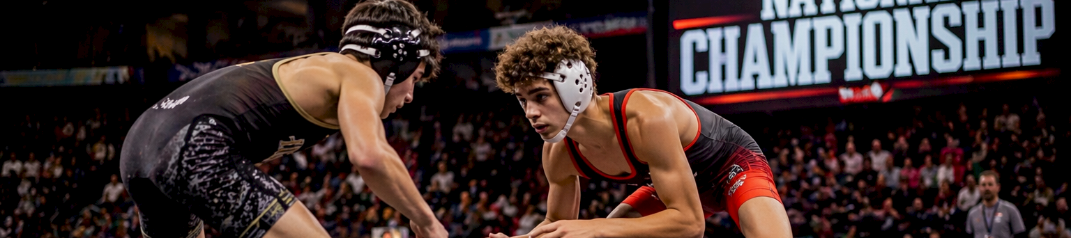 Two wrestlers face off on a mat during a National Championship match, with a crowd watching as the sign reads &ldquo;NATIONAL CHAMPIONSHIP.&rdquo;