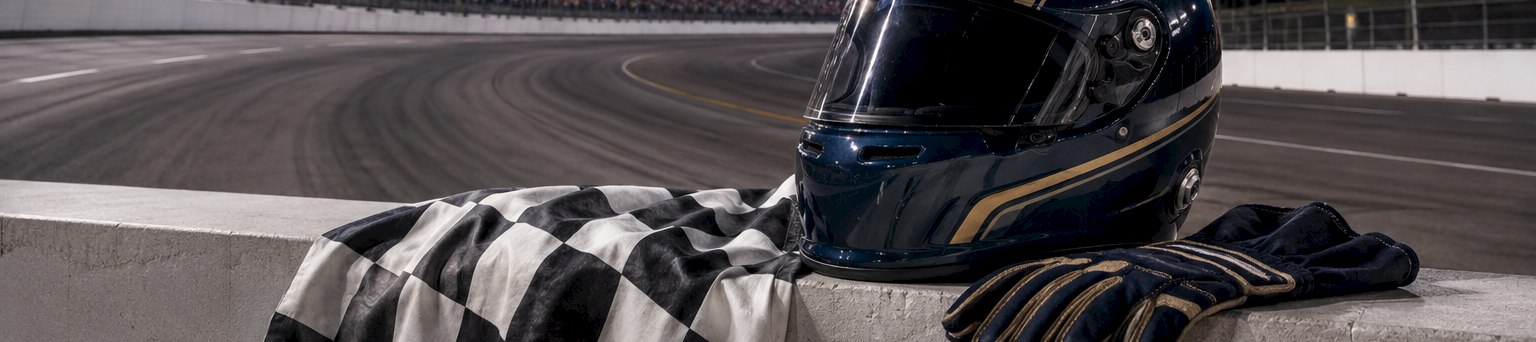 A driver&rsquo;s helmet rests by a checkered flag on a night racetrack beside a roaring stadium.