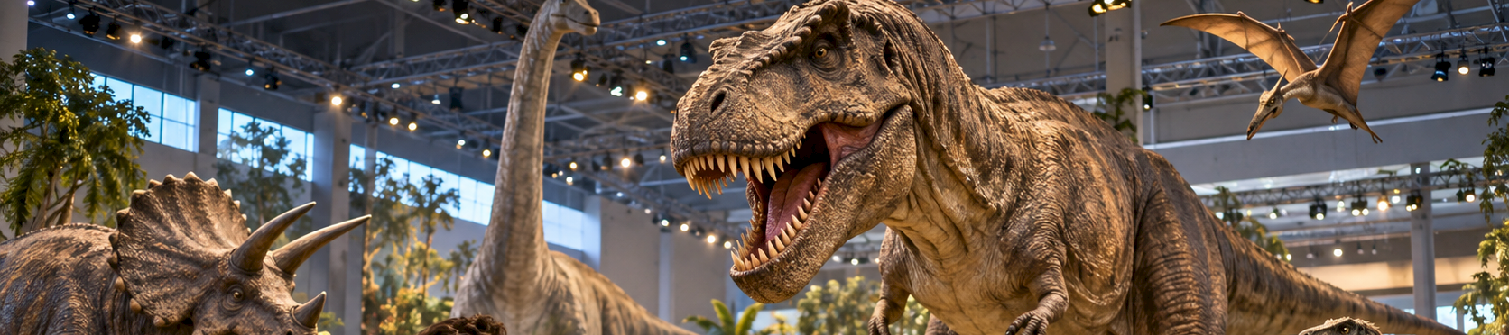 A family watches a live dinosaur exhibit&mdash;giant T-rex roars above, with other dinosaurs around in a modern indoor hall.