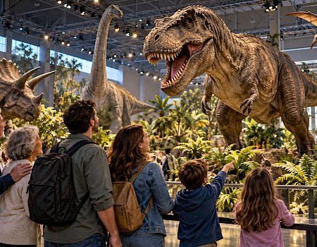 A family watches a live dinosaur exhibit—giant T-rex roars above, with other dinosaurs around in a modern indoor hall.