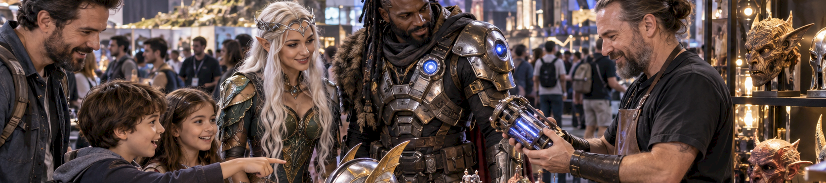 At a fantasy convention booth, a vendor shows miniature figures and armor to visitors dressed like warriors.