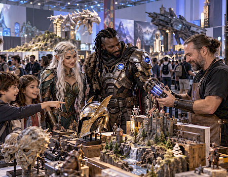 At a fantasy convention booth, a vendor shows miniature figures and armor to visitors dressed like warriors.