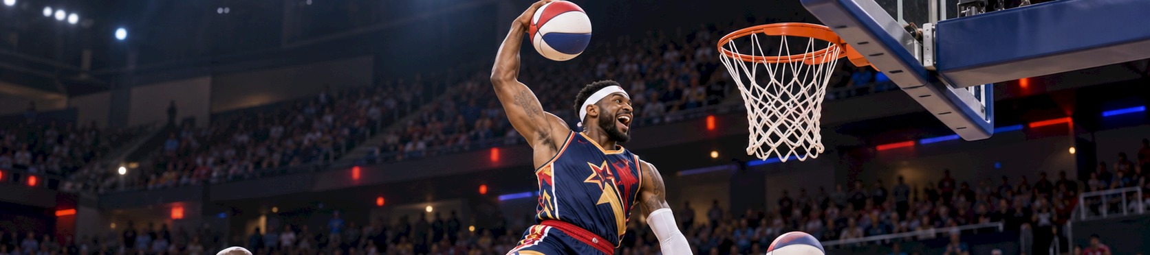 A basketball player in a blue/red uniform is going for a dunk as fans watch in a packed arena.