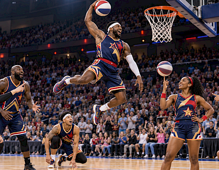 A basketball player in a blue/red uniform is going for a dunk as fans watch in a packed arena.