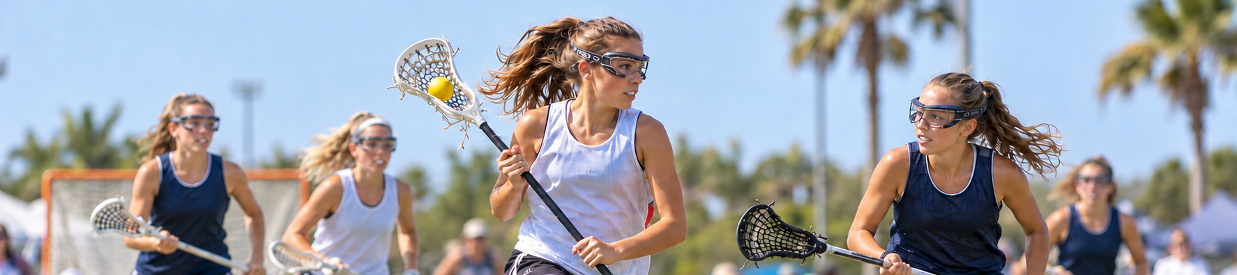 Two women play lacrosse in a sunny match, sprinting on a grass field with helmets and sticks while others watch behind them.