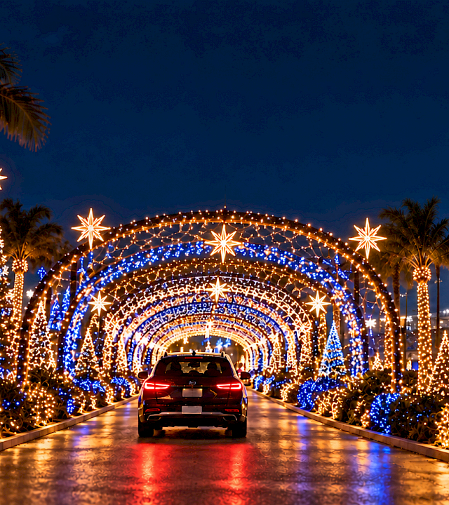A sports car drives through a tunnel of festive blue-and-gold Christmas lights between palm trees at night.