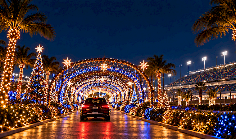 A sports car drives through a tunnel of festive blue-and-gold Christmas lights between palm trees at night.